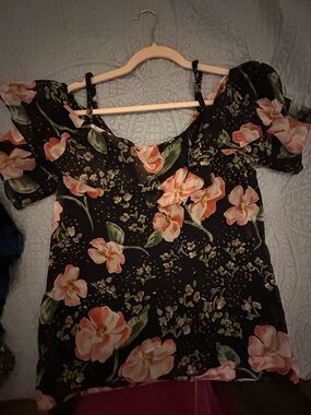 CAbi Black Floral Off-Shoulder Top with Pink Blossoms